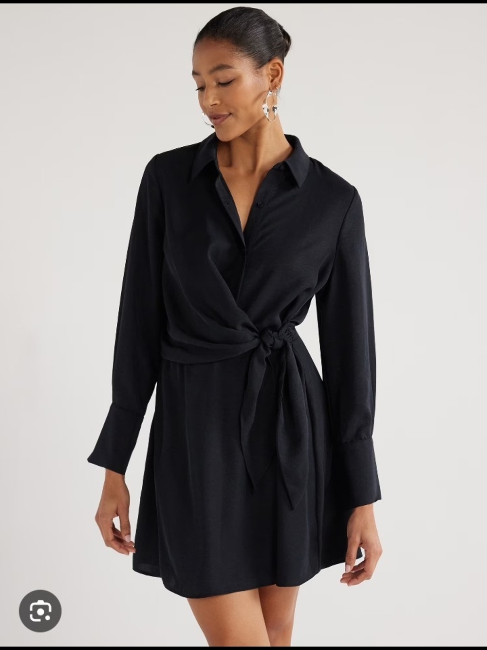 Long-Sleeve Black Tie-Waist Shirt Dress